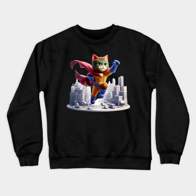 Superhero Cat to the Rescue – Urban Vigilante Sticker Crewneck Sweatshirt by vk09design